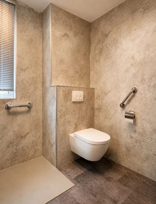 Wit hangtoilet met steunbeugels en toiletrolhouder tegen steenlook wandpanelen naast drempelloze douche