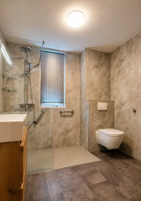 Seniorvriendelijke badkamer met drempelloze inloopdouche, steunbeugels, hangtoilet en steenlook wandpanelen